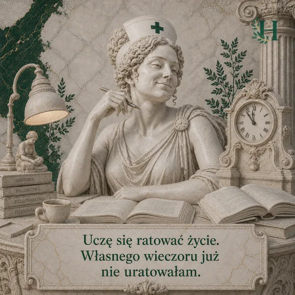 Pielęgniarka z piórem w dłoni uczy się nocą przy lampie, zegar wskazuje tuż przed północą.