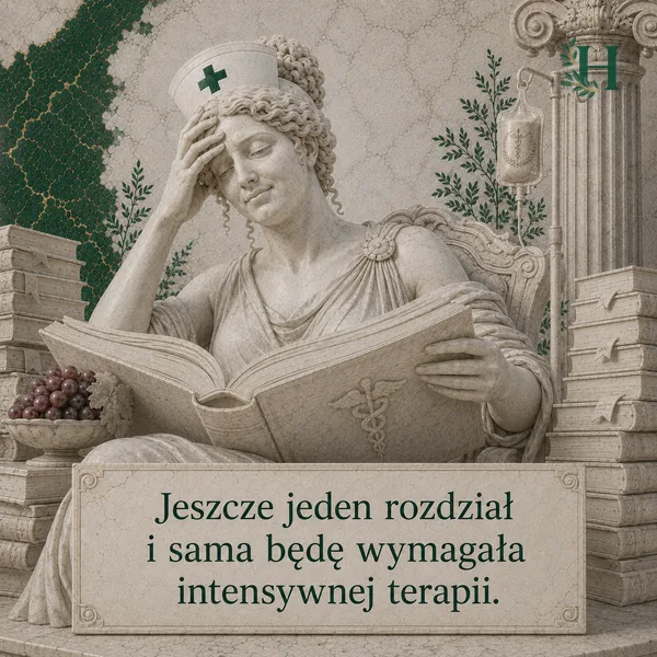 Zmęczona pielęgniarka czyta wielki podręcznik z kaduceuszem, podpierając głowę dłonią, obok stoi kroplówka.