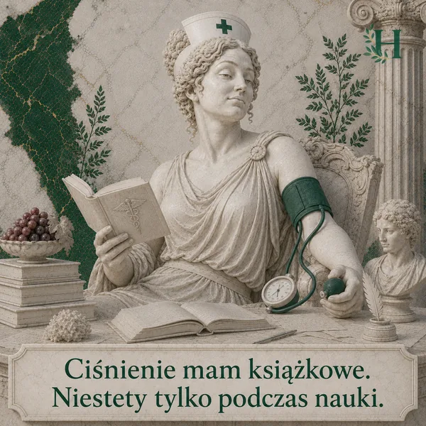 Pielęgniarka czyta książkę, mierząc sobie jednocześnie ciśnienie mankietem na ramieniu.