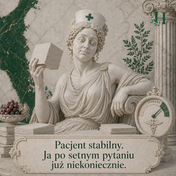Pielęgniarka z szeroko otwartymi oczami trzyma plik fiszek, obok wskaźnik z napisem STABILNY.
