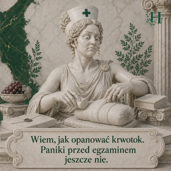 Pielęgniarka z przejętą miną zwija opatrunek z bandaża na stole.
