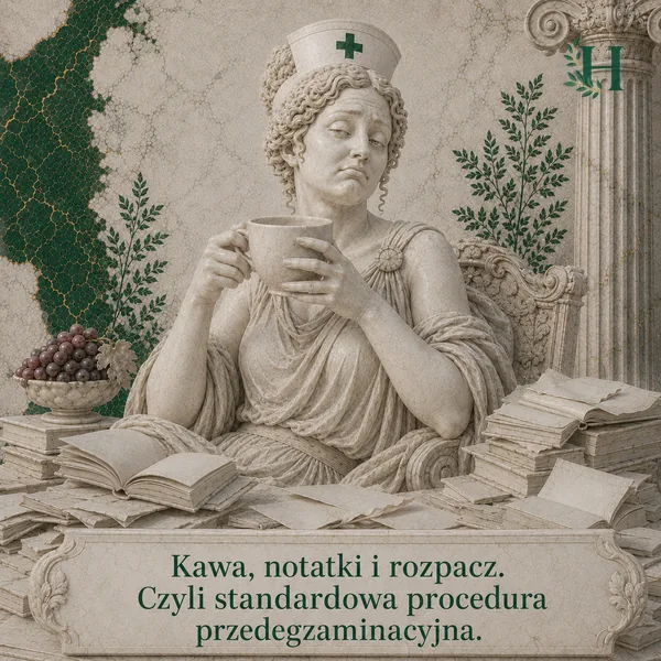 Naburmuszona pielęgniarka ściska wielki kubek kawy nad biurkiem zasypanym notatkami.