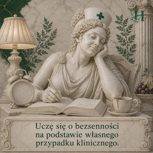 Senna pielęgniarka pisze w zeszycie, opierając policzek na dłoni, obok budzik, lampa i filiżanka kawy.