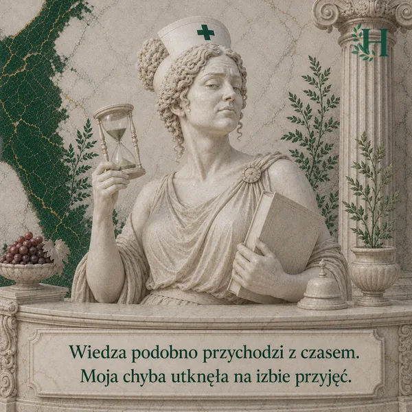 Pielęgniarka z powątpiewającą miną unosi klepsydrę, pod pachą trzymając podręcznik.