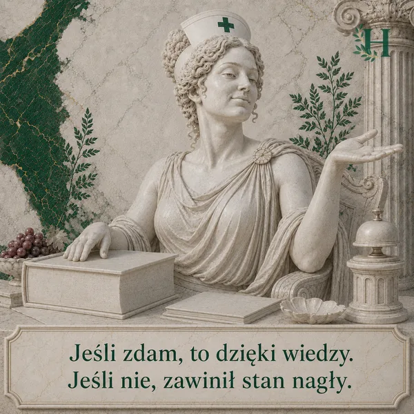 Pielęgniarka z uniesioną otwartą dłonią wzrusza ramionami nad zamkniętą księgą, obok dzwonek recepcyjny.