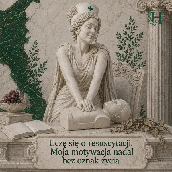 Pielęgniarka ćwiczy uciśnięcia klatki piersiowej na fantomie do resuscytacji leżącym na stole.