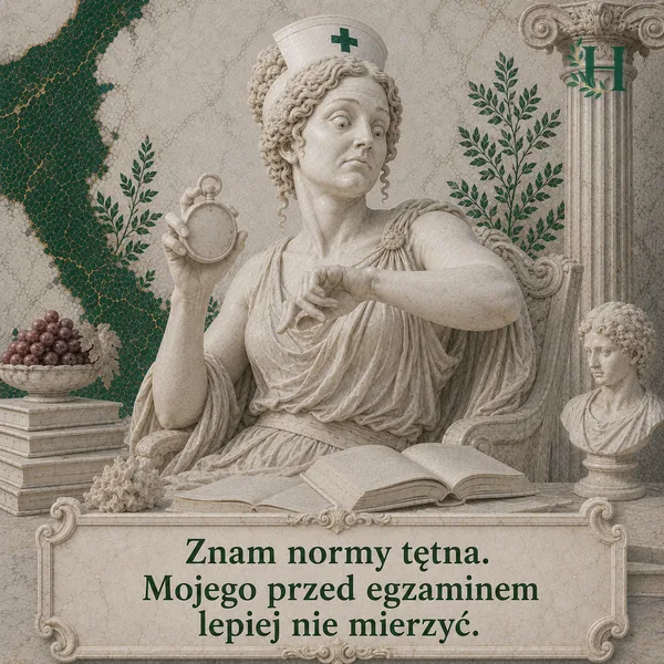 Pielęgniarka mierzy sobie tętno na nadgarstku, w drugiej ręce trzymając zegarek kieszonkowy.