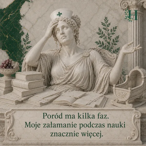 Zrozpaczona pielęgniarka z dłonią na czole wznosi oczy ku górze, obok stos książek i kołyska.