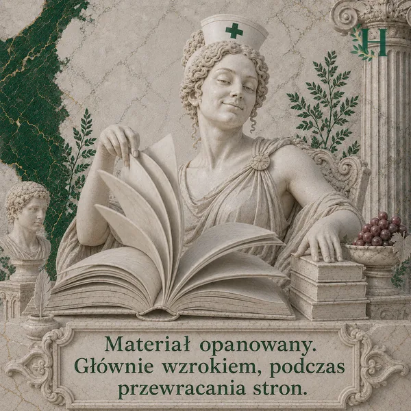 Pielęgniarka z zadowoloną miną kartkuje strony wielkiej otwartej księgi.