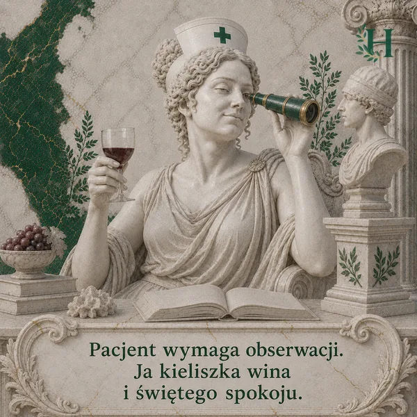 Pielęgniarka patrzy przez lunetę, w drugiej ręce trzymając kieliszek czerwonego wina.