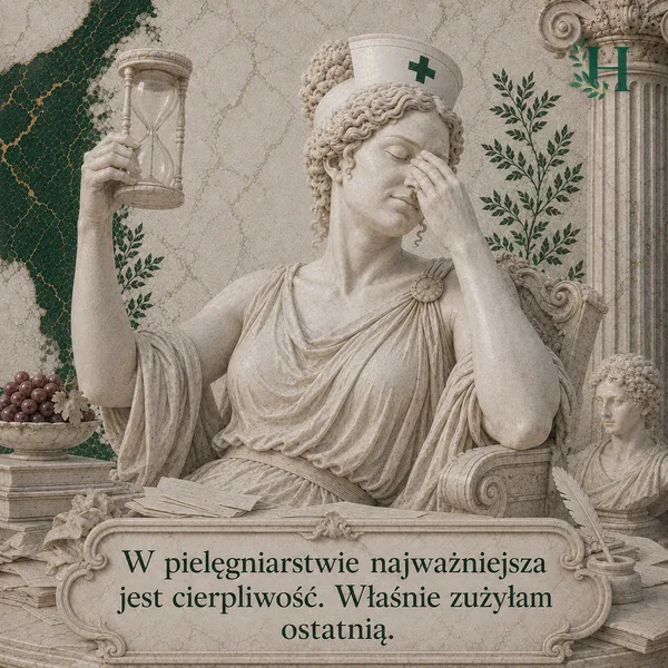 Pielęgniarka zasłania twarz dłonią w geście rezygnacji, w drugiej ręce unosząc klepsydrę.