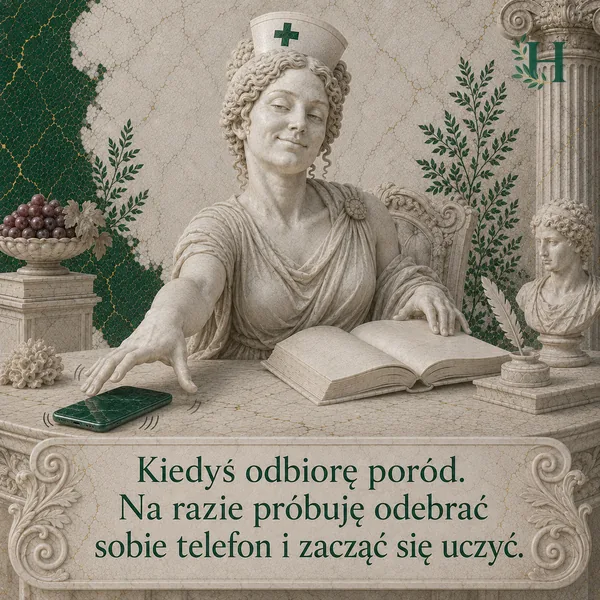 Uśmiechnięta pielęgniarka siedzi nad otwartą książką i sięga ręką po wibrujący telefon na brzegu biurka.