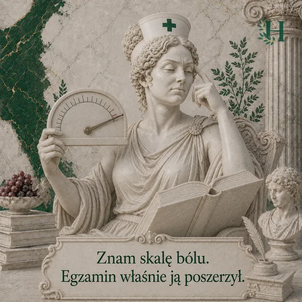 Zamyślona pielęgniarka z palcem na skroni trzyma miernik ze skalą, na kolanach otwarta księga.
