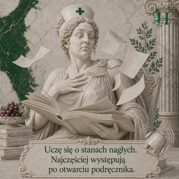 Przestraszona pielęgniarka z dłonią na piersi trzyma podręcznik, z którego rozlatują się kartki.