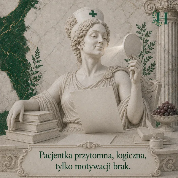 Pielęgniarka bada się lusterkiem, z którego pada snop światła na jej twarz, przed nią czysta kartka.