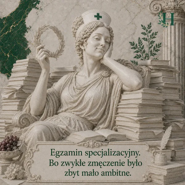 Zmęczona pielęgniarka z wieńcem laurowym w dłoni opiera policzek na ręce wśród stosów książek.
