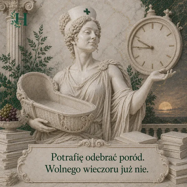 Pielęgniarka trzyma wiklinowy kosz moiżeszowy dla noworodka, drugą ręką wskazując wielki zegar na tle księżyca.