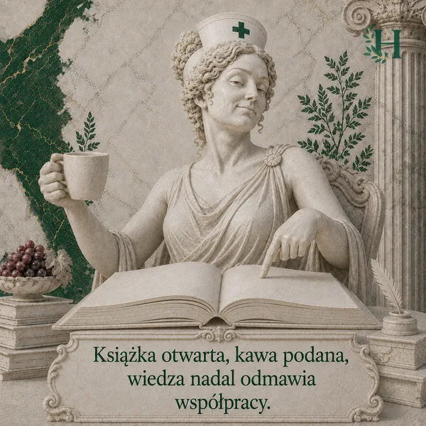 Pielęgniarka z kubkiem w dłoni wskazuje palcem pustą stronę otwartej księgi.