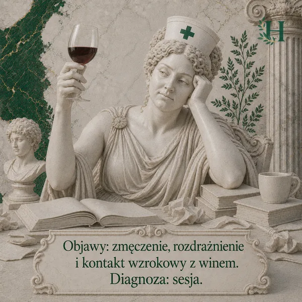 Znużona pielęgniarka podpiera głowę dłonią i wpatruje się w uniesiony kieliszek czerwonego wina.