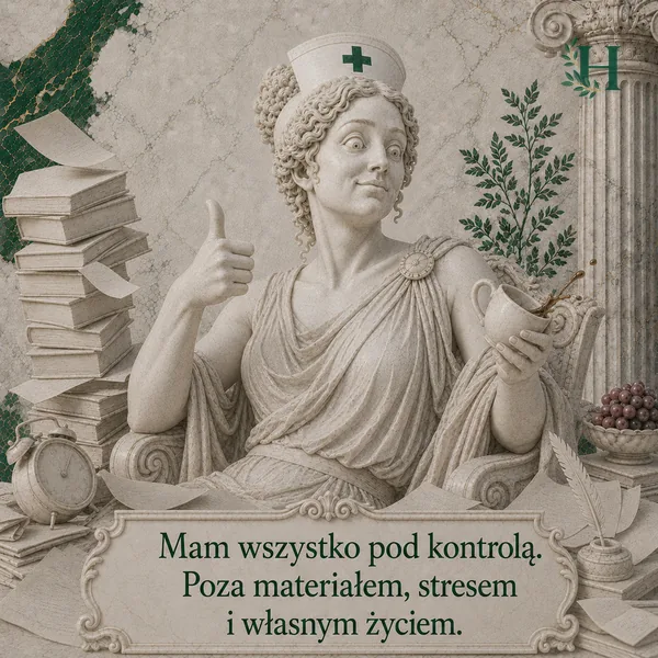 Pielęgniarka z wytrzeszczonymi oczami pokazuje kciuk w górę, rozlewając kawę z przechylonego kubka.