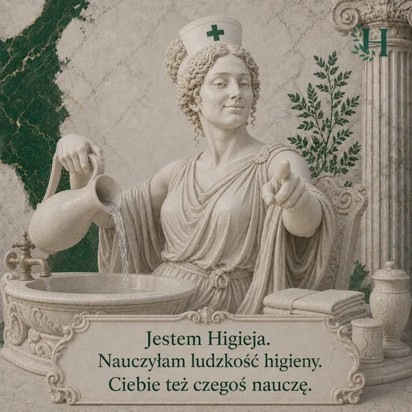 Higieja przelewa wodę z dzbana do misy przy kranie i wskazuje palcem na widza, obok leżą ręczniki.