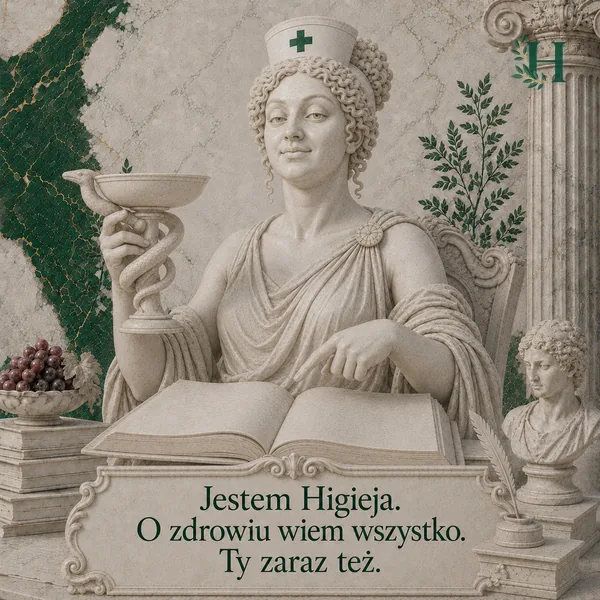 Higieja unosi czarę z wężem, symbol farmacji, a drugą ręką wskazuje otwartą księgę.