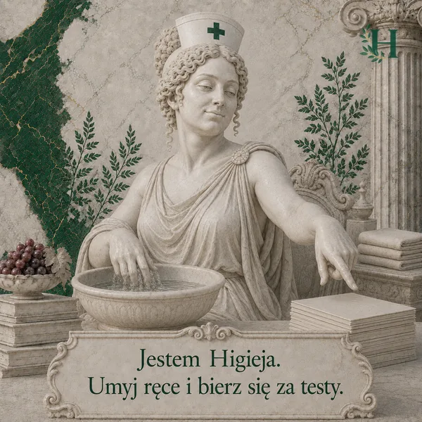 Higieja myje dłoń w kamiennej misie z wodą, drugą ręką wskazując plik arkuszy testowych.