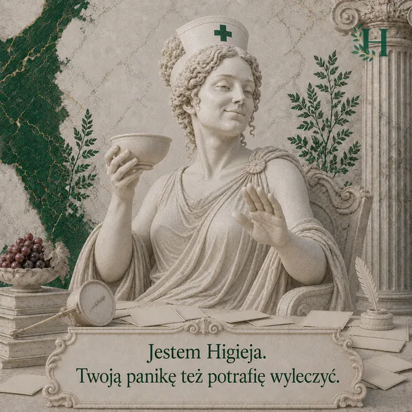 Higieja unosi uspokajająco otwartą dłoń, w drugiej ręce trzymając czarkę, na stole rozsypane kartki.