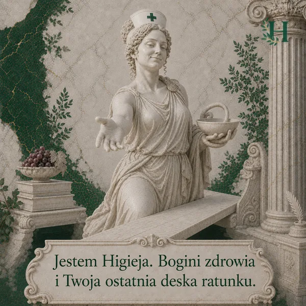 Higieja w pełnej postaci klęka na kamiennej desce i wyciąga rękę do widza, trzymając czarę z wężem.