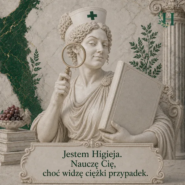 Higieja z lupą i podręcznikiem, na tabliczce: Jestem Higieja. Nauczę Cię, choć widzę ciężki przypadek.