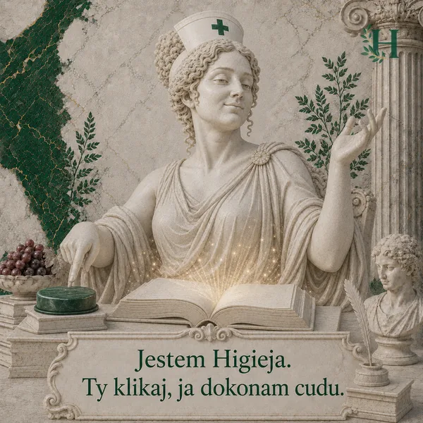 Higieja unosi dłoń nad rozświetloną otwartą księgą i naciska zielony przycisk, obiecując cud za jedno kliknięcie.