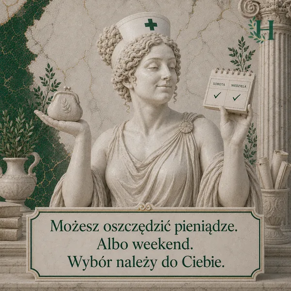 Higieja waży w dłoniach sakiewkę i kalendarzyk z odhaczoną sobotą i niedzielą, stawiając wybór między pieniędzmi a weekendem.