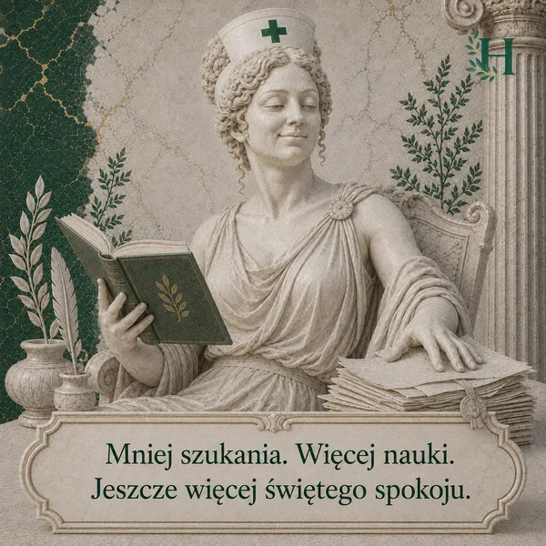 Higieja czyta zieloną książkę, opierając drugą dłoń na stercie uporządkowanych notatek.