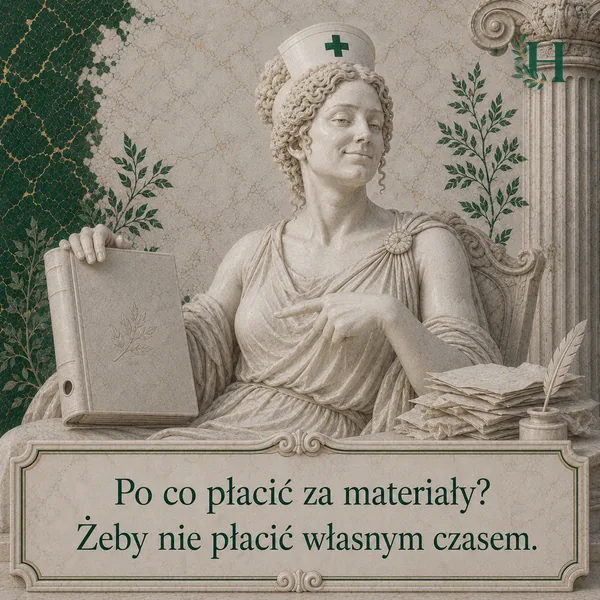 Higieja z przekornym uśmiechem wskazuje na trzymany segregator materiałów, obok leży stos luźnych kartek.