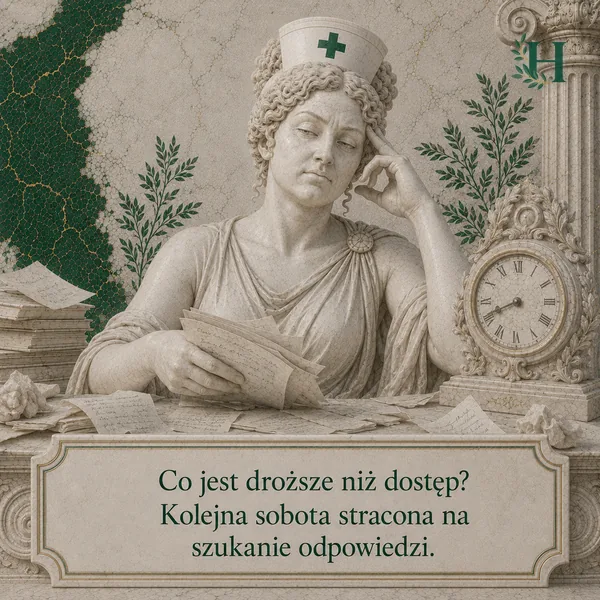 Zmęczona Higieja podpiera głowę nad stertą porozrzucanych notatek, a obok tyka zabytkowy zegar.