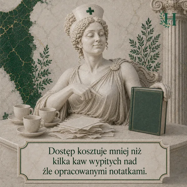Higieja wskazuje na trzy filiżanki kawy i stos pogniecionych notatek, opierając dłoń na zielonej księdze.