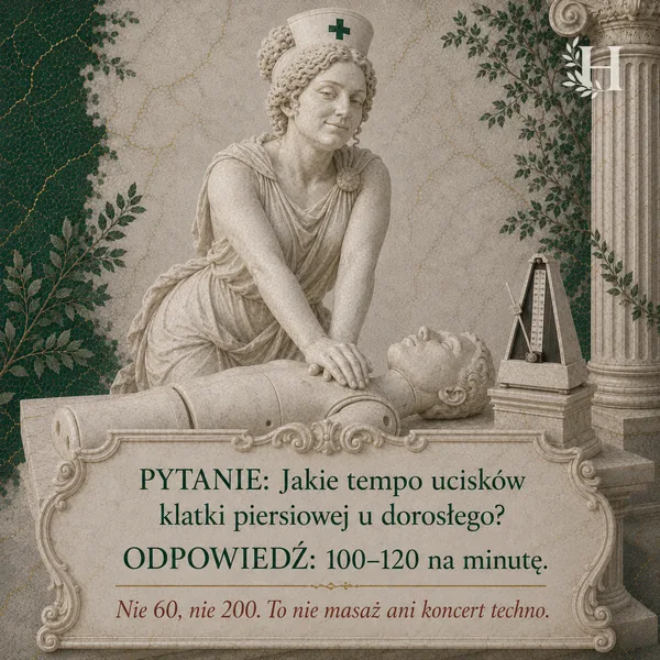 Higieja wykonuje uciski klatki piersiowej na marmurowym fantomie, obok stoi metronom wybijający tempo resuscytacji.
