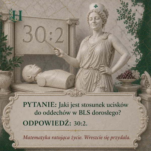 Higieja wskazuje wskaźnikiem tablicę z napisem 30:2 nad fantomem do resuscytacji.