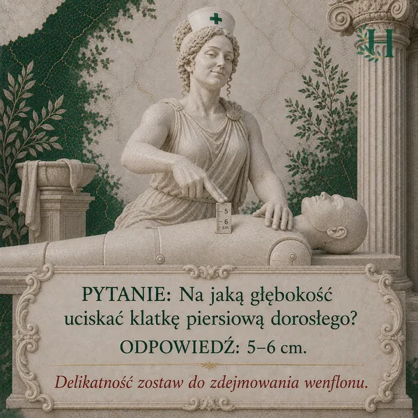 Higieja przykłada miarkę z podziałką 5-6 cm do klatki piersiowej leżącego fantomu.