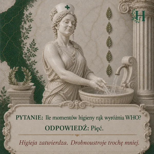 Higieja myje dłonie pod strumieniem wody z marmurowego kranu, nad nią wisi pięć liści laurowych.
