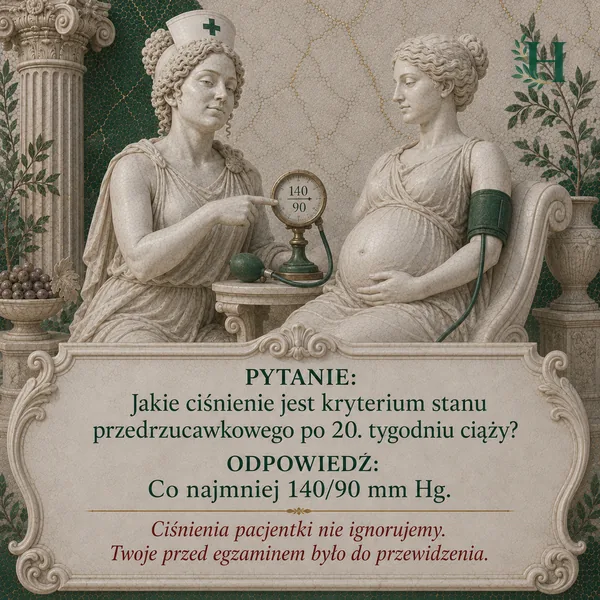 Higieja wskazuje ciśnieniomierz pokazujący 140/90 przy siedzącej ciężarnej pacjentce z mankietem na ramieniu.