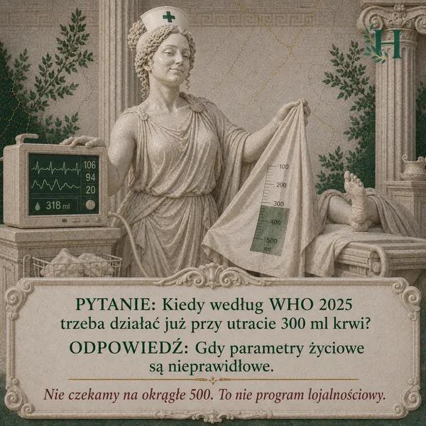 Higieja prezentuje podkład z podziałką utraty krwi obok kardiomonitora, w tle leży pacjentka.