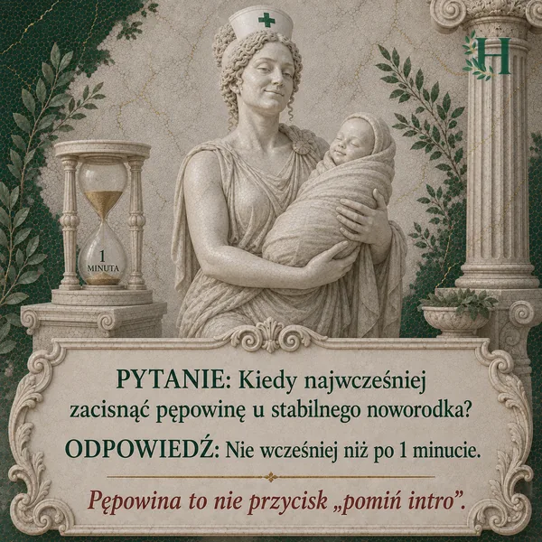 Higieja tuli otulonego noworodka, obok stoi klepsydra z podpisem 1 minuta.