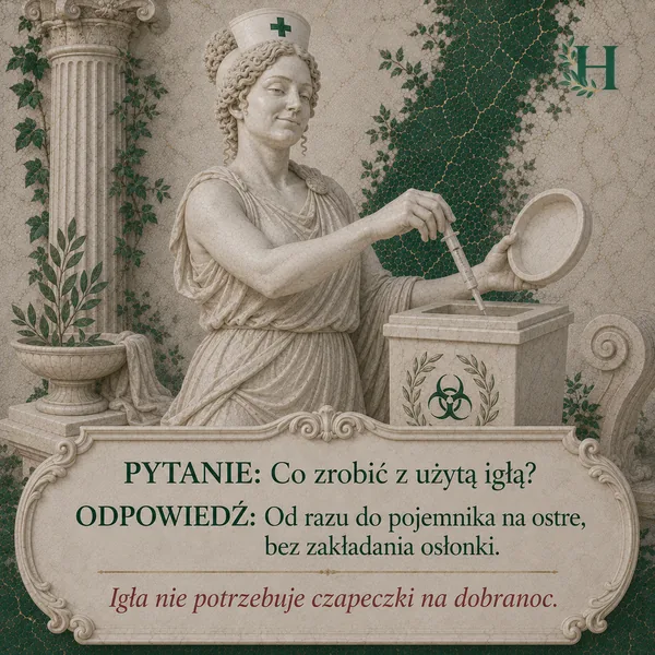 Higieja wrzuca strzykawkę z igłą do pojemnika na odpady ostre oznaczonego znakiem biohazard.