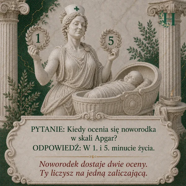 Higieja unosi dwa wieńce laurowe z cyframi 1 i 5 nad śpiącym w kołysce noworodkiem.