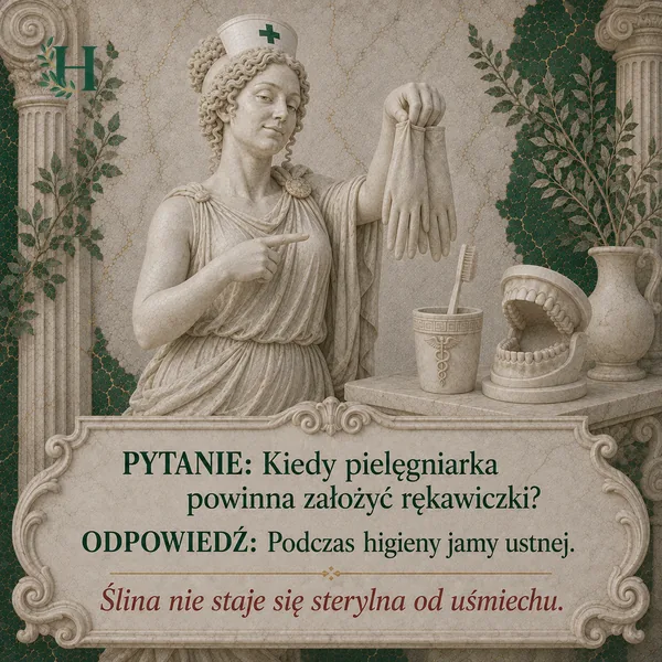 Higieja wskazuje trzymaną rękawiczkę, obok stoi kubek ze szczoteczką i model szczęki.