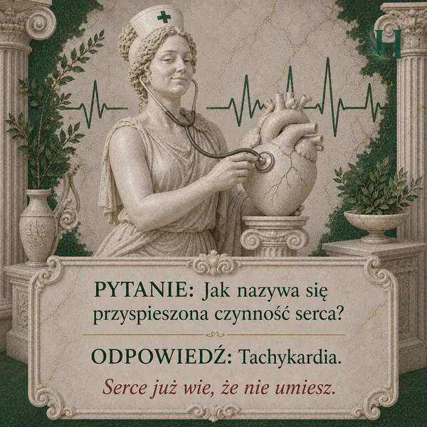 Higieja przykłada stetoskop do dużego anatomicznego modelu serca, w tle biegnie zapis EKG.