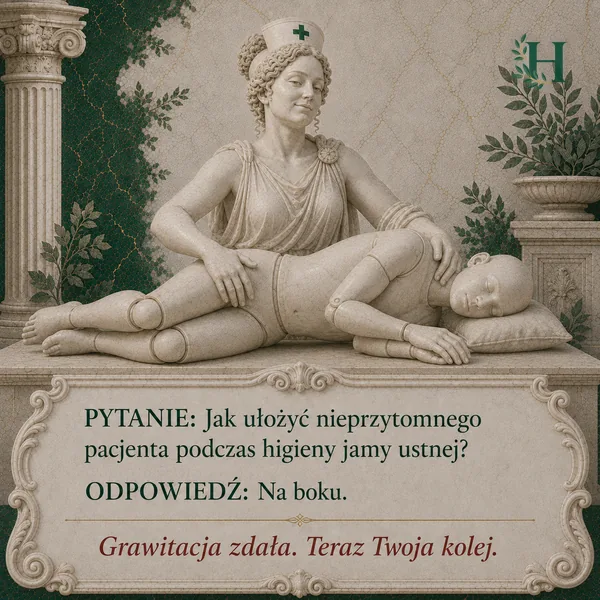 Higieja układa drewnianego manekina pacjenta na boku na poduszce.