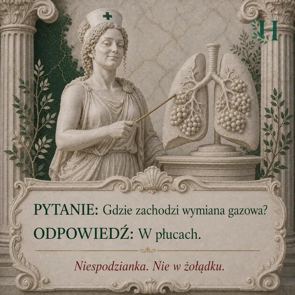 Higieja wskazuje wskaźnikiem marmurowy model płuc z pęcherzykami płucnymi na postumencie.