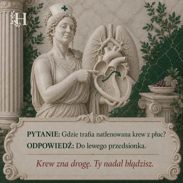Higieja wskazuje przekrój serca ze strzałką prowadzącą do lewego przedsionka, w tle model płuc.